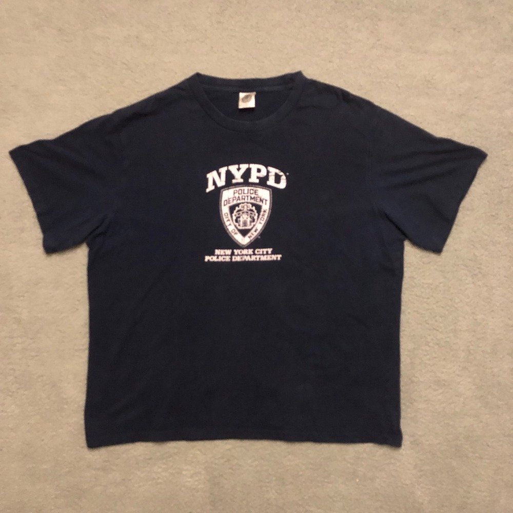 VTG NYPD New York City Police Dept Graphic Shirt Navy Blue Mens XL Distressed